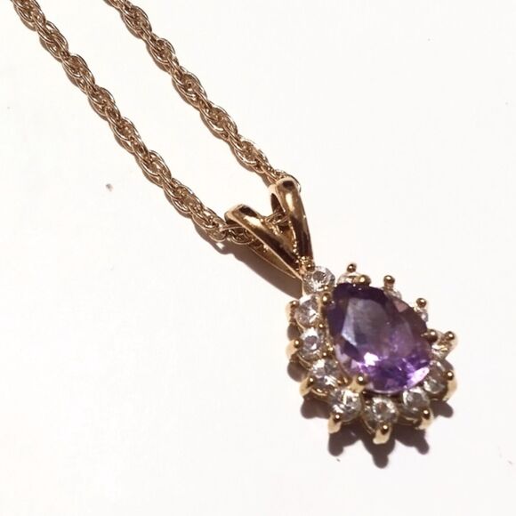 Vintage Gold Tone Faux Amethyst Crystal Pendant Necklace 19" February Birthstone - Picture 1 of 6